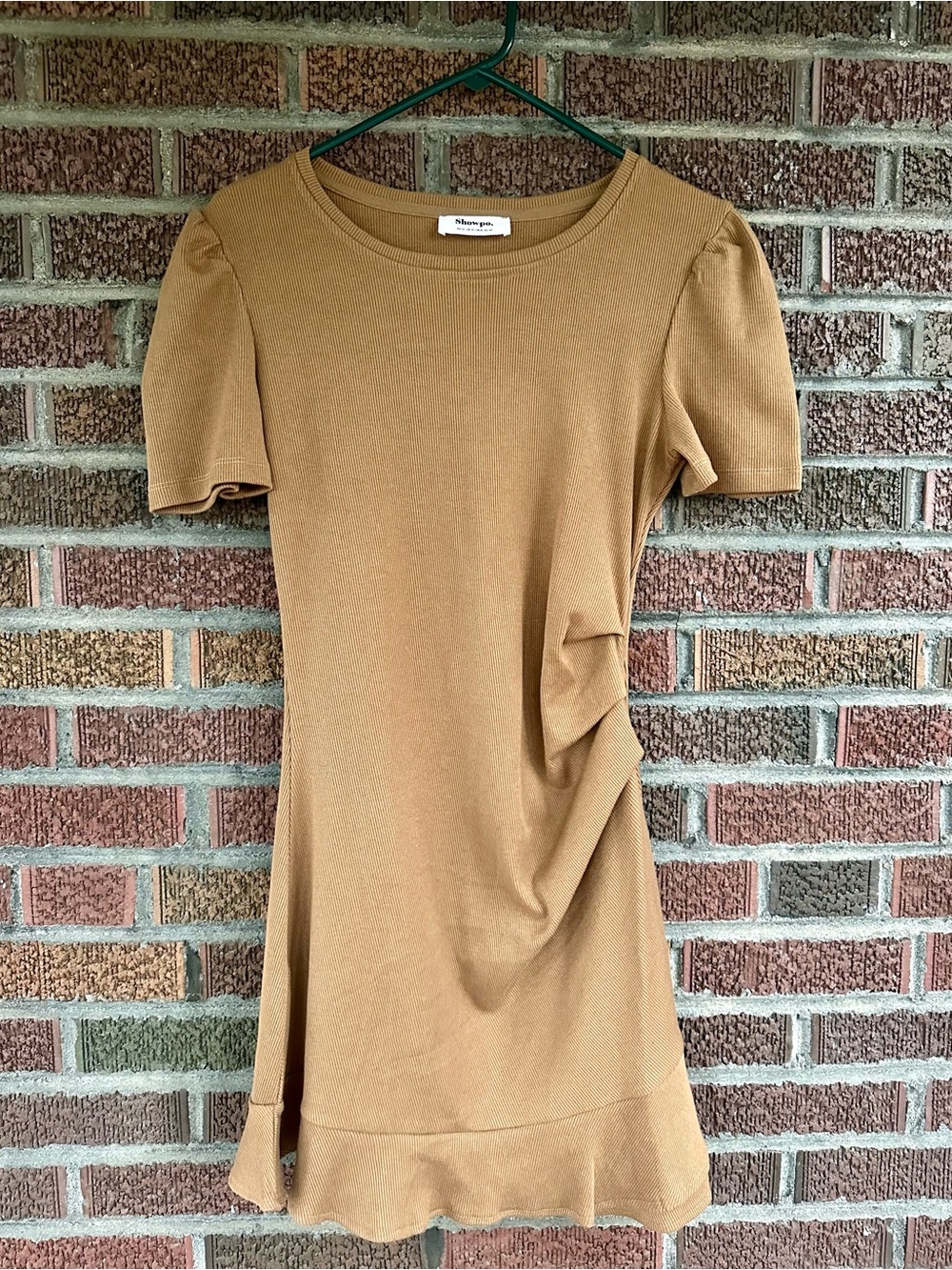 Showpo. Short sleeve fitted dress with side ruching & ruffle hem